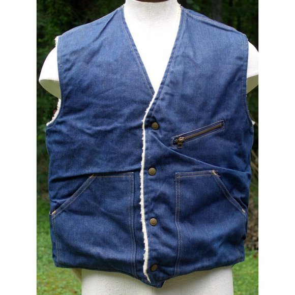 VTG 70s 80s Come On Strong Men L Sherpa Lined Blue Jean Vest Ranch Denim Western - Picture 1 of 15